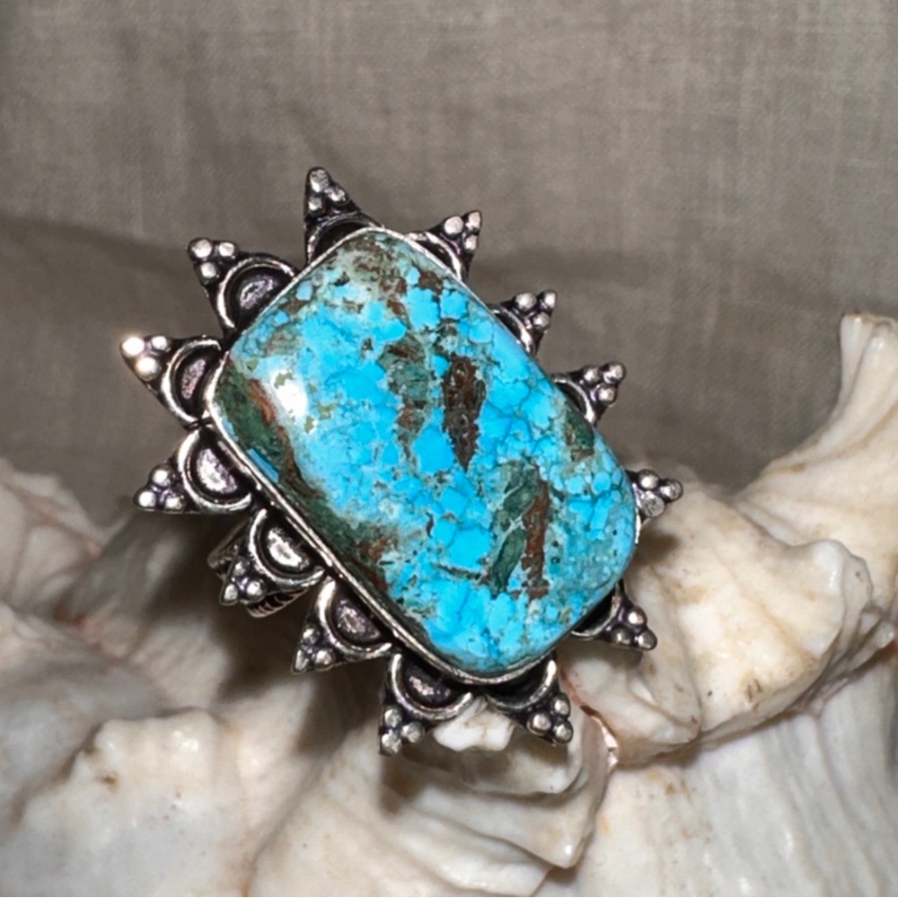 Kingman Turquoise Sunray Natural Gemstone 925 Handcrafted Ring